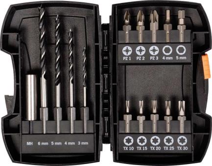 Bohrer-Bit-Box 15-tlg. Holzbohrer mit E 6.3 Schaft &#216; 3, 4, 5, 6 mm Bits: PZ, TX, Hex  