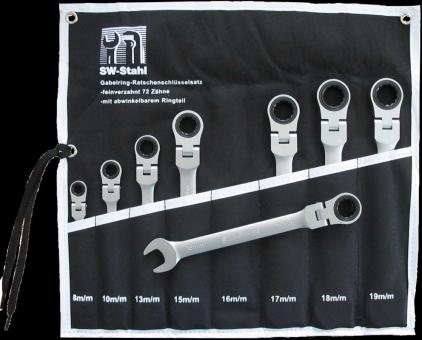 Gabelringratschenschlüssel- Satz- 8 teilig, 8-19 mm abwinkelbares Ringteil  